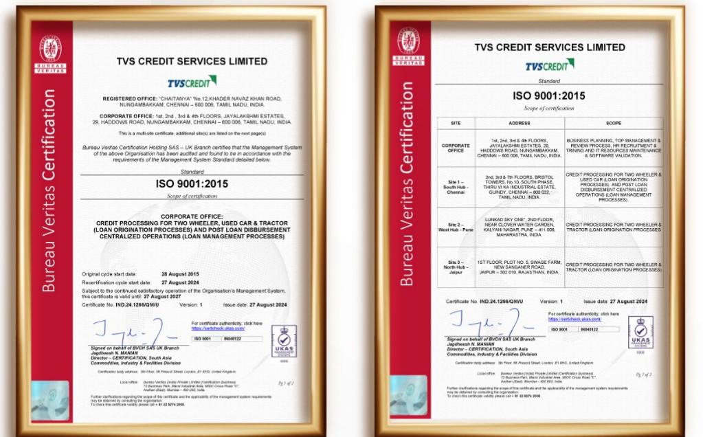 ISO 9000-2015 certification - TVS Credit